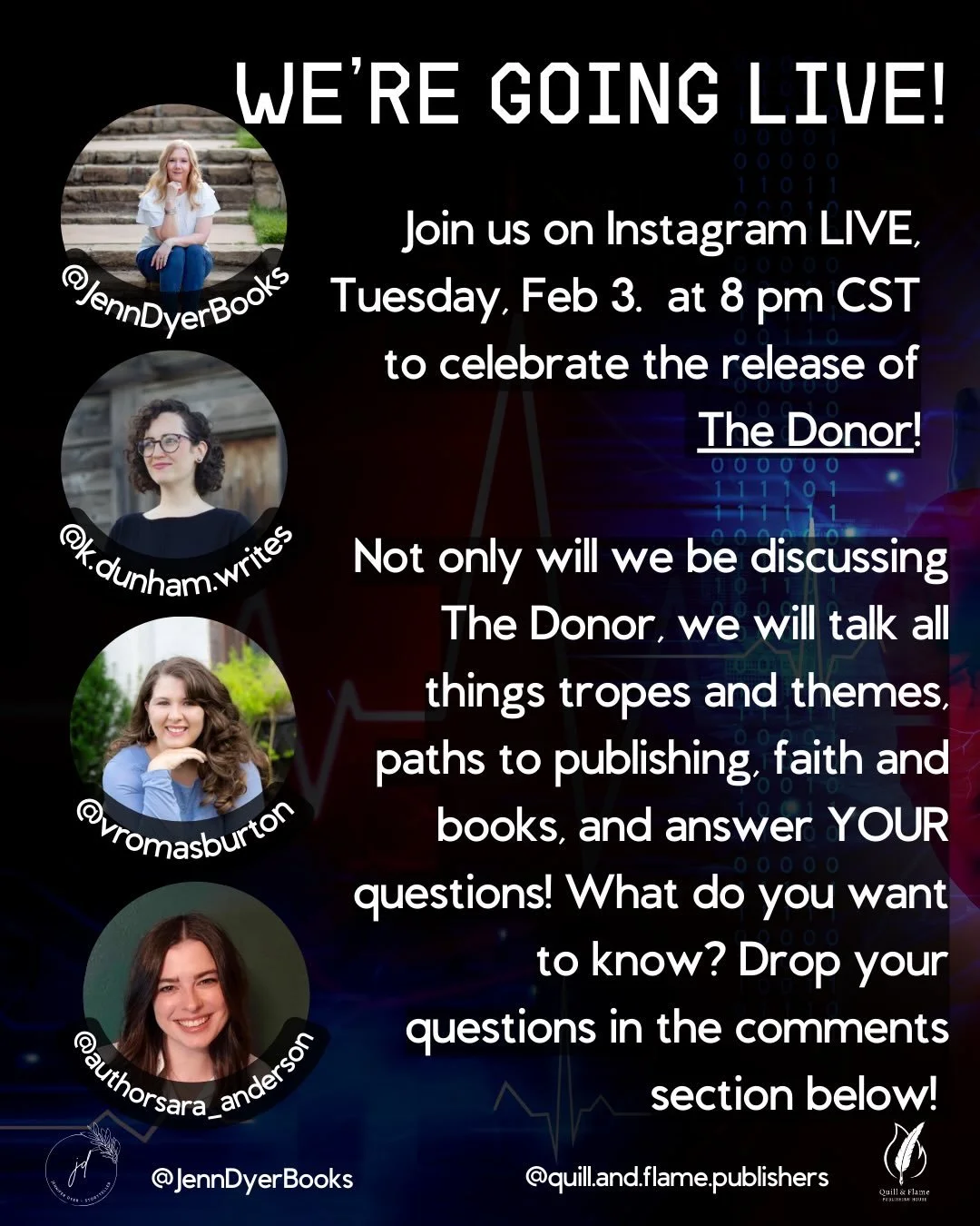 We&rsquo;re going live where we shall settle the ultimate question: is coffee or tea superior?!?! We are also celebrating the release of my young adult hacker thriller, The Donor. 🎉

And we want to hear from you! What burning questions keep you awak