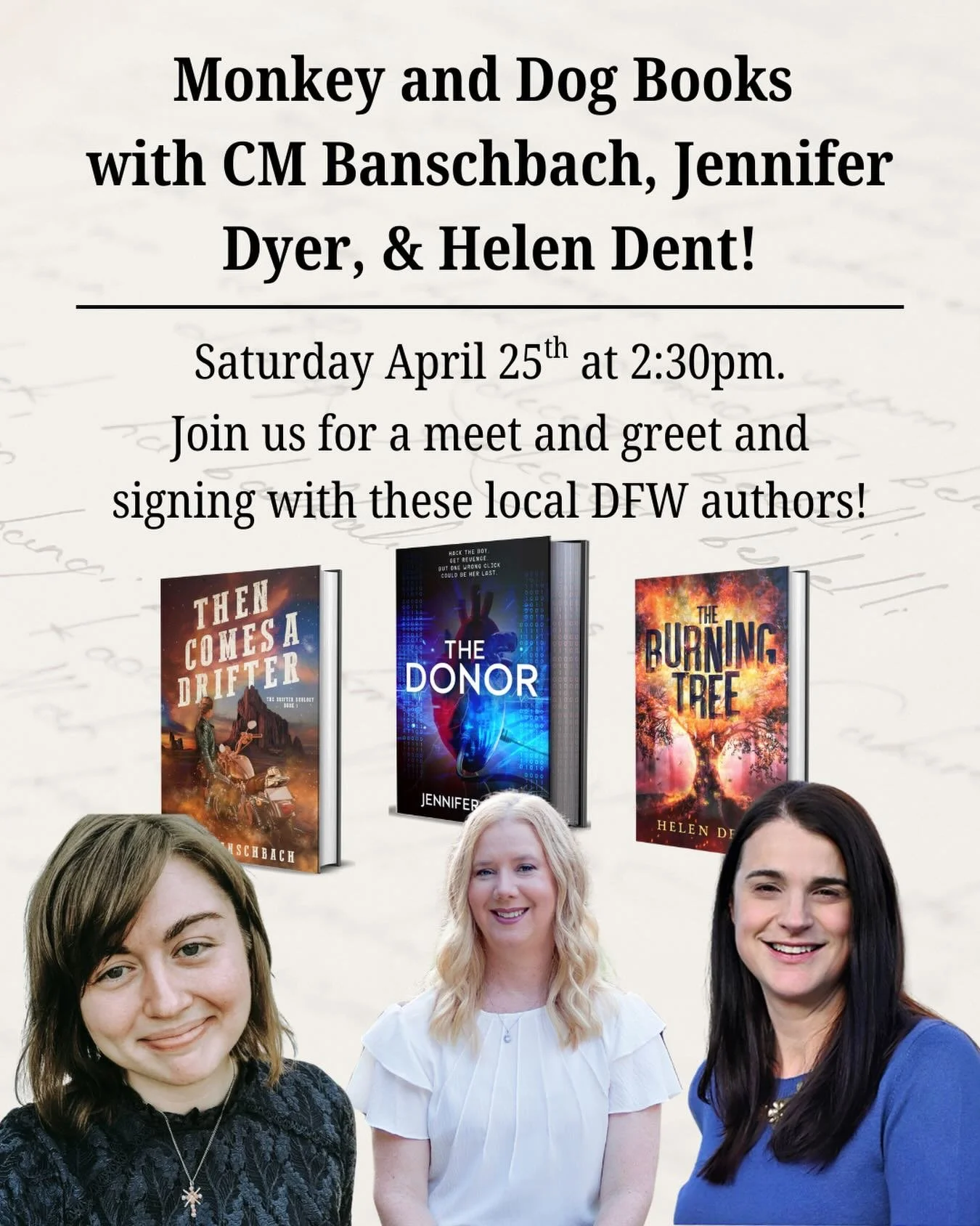 Come see us!!!!!
Love supporting awesome local bookstores &amp; authors? Join the fun meet &amp; greet 
Saturday, April 25 at 2:30 pm 
at the amazing @monkeyanddogbooks (address below)

Featuring:
@cmbanschbach 
THEN COMES A DRIFTER 
Laramie was born
