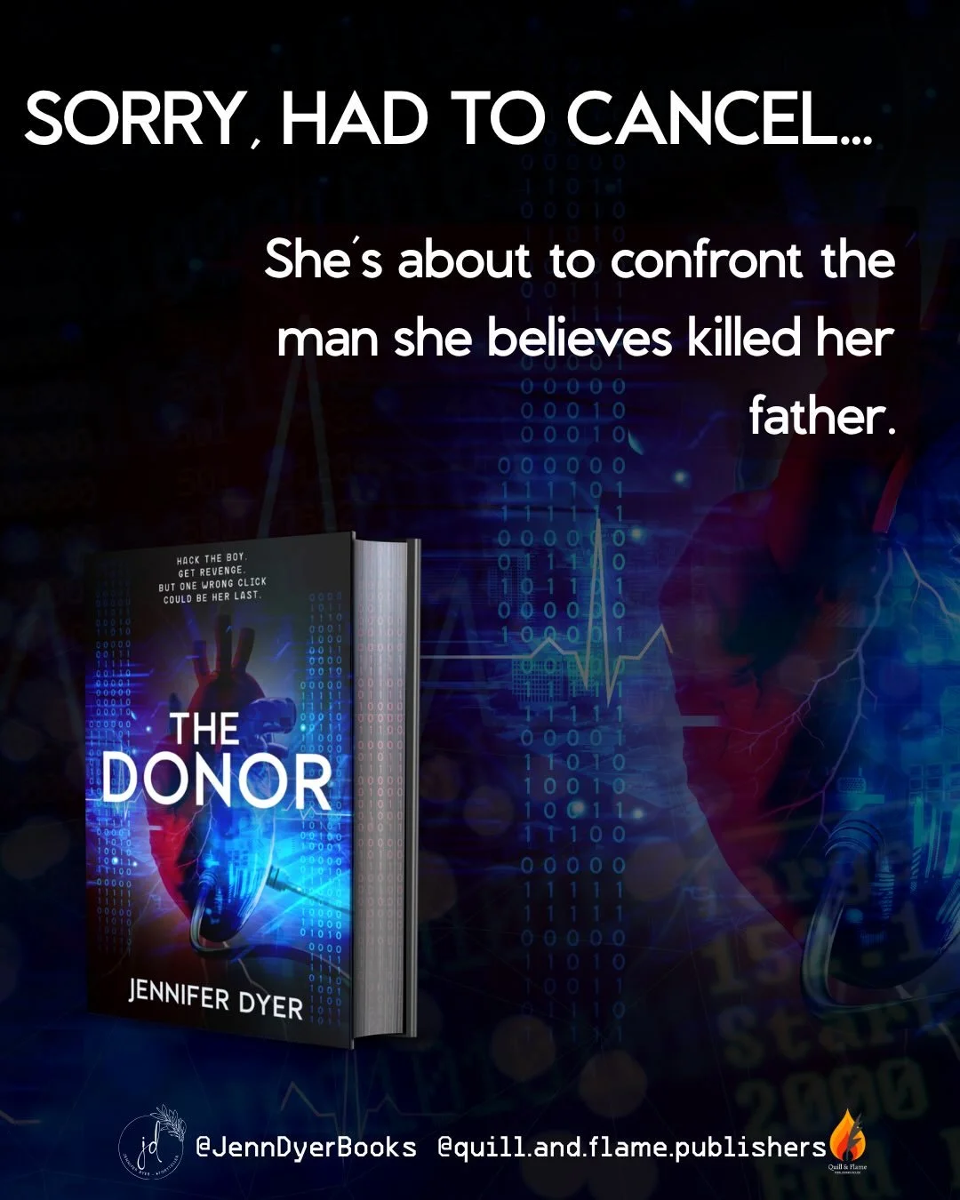 Sorry to cancel plans, but&hellip;

Two genius hackers. He wants to live to see his next birthday. She wants revenge. But they&rsquo;ve hacked the wrong people, and they&rsquo;ll have to team up if they want to survive. 

💔Teen hackers
👾organ smugg