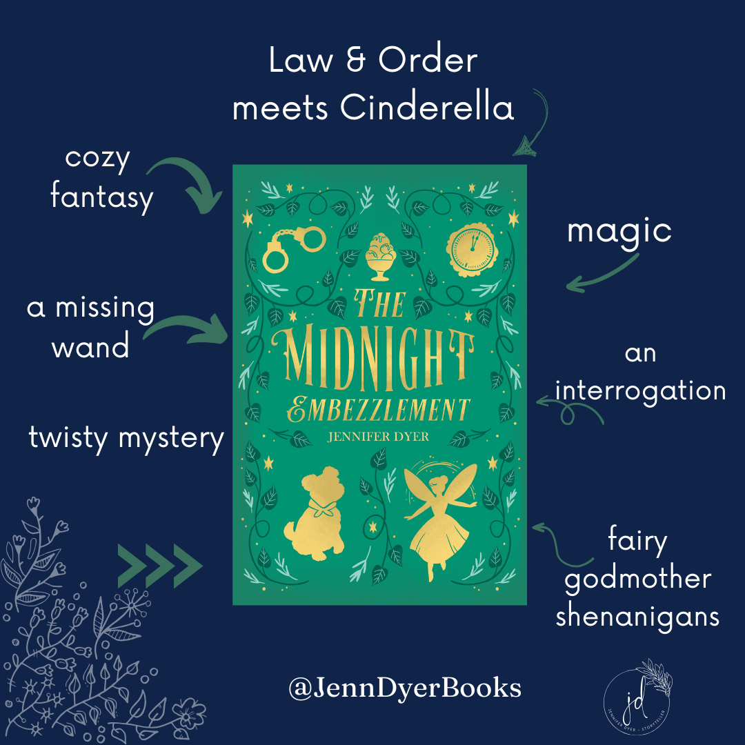 Book cover for 'The Midnight Embezzlement' by Jennifer Dyer, surrounded by annotations describing it as a cozy and features fairy godmother shenanigans. The cover is teal with gold illustrations of a teddy bear, fairy, and decorative leaves, with additional annotations pointing out themes like magic and fairy godmother shenanigans.
