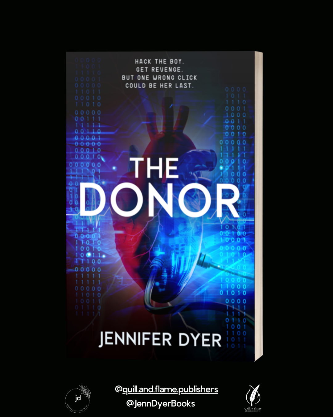 Book cover titled The Donor with a heart plugged into computer wires and binary code on the sides of the image