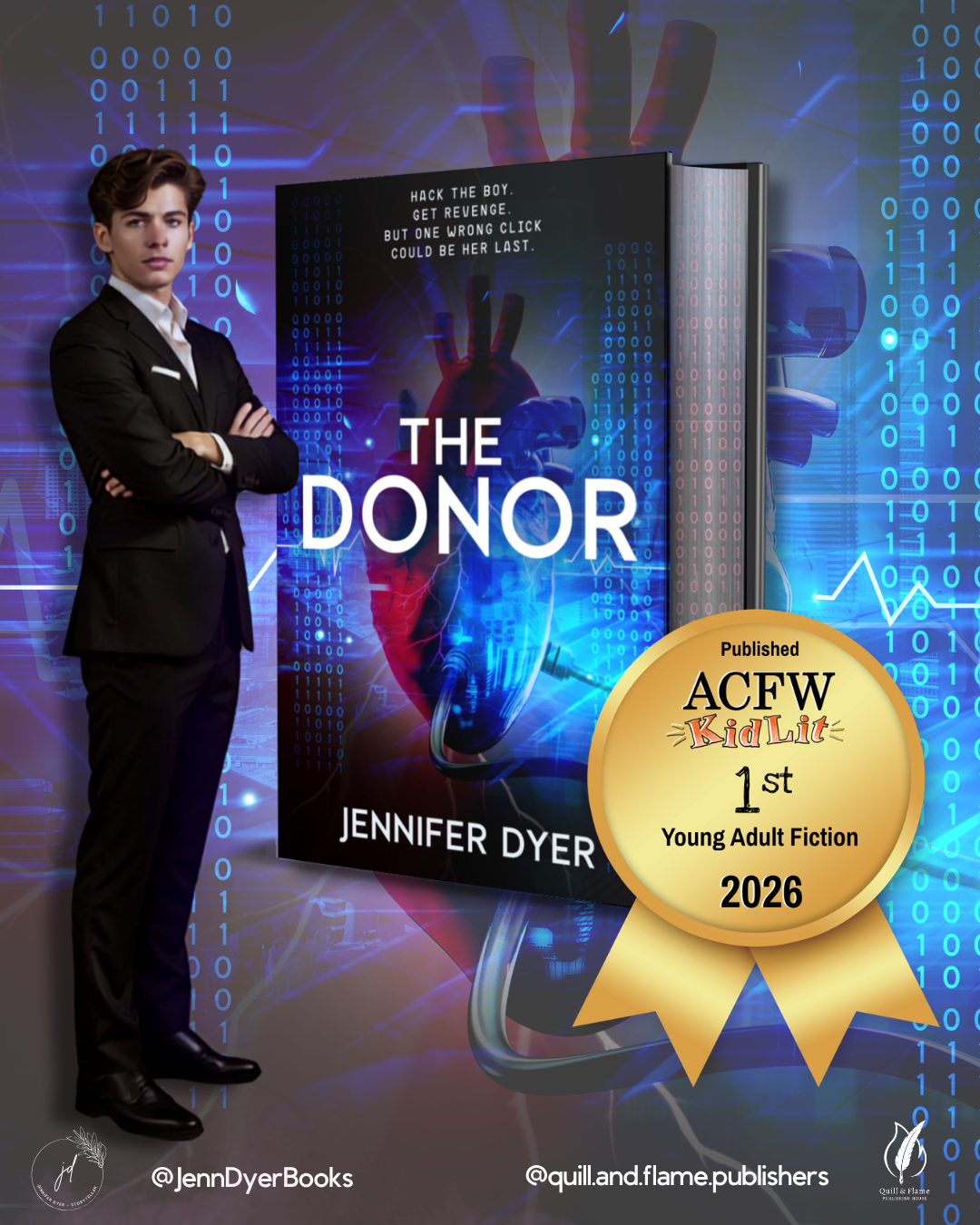 Book cover of The Donor with an art image of the main character Cameron in a black suit with a gold first-place banner on the side.