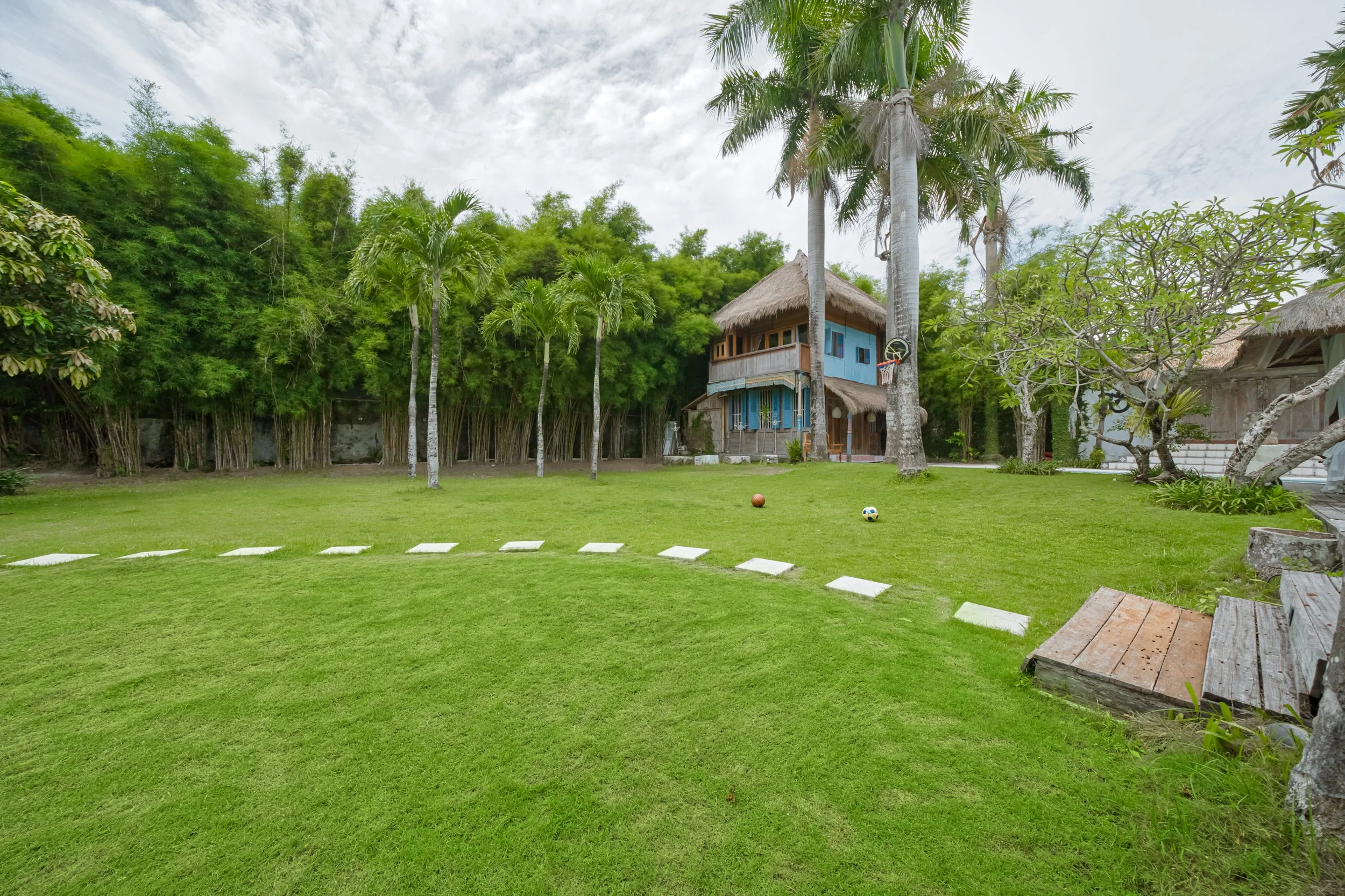 A lush green backyard with tall palm trees, a wooden house with a thatched roof, and a well-maintained lawn with soccer balls and a basketball. There's a small bench on the right side of the image.