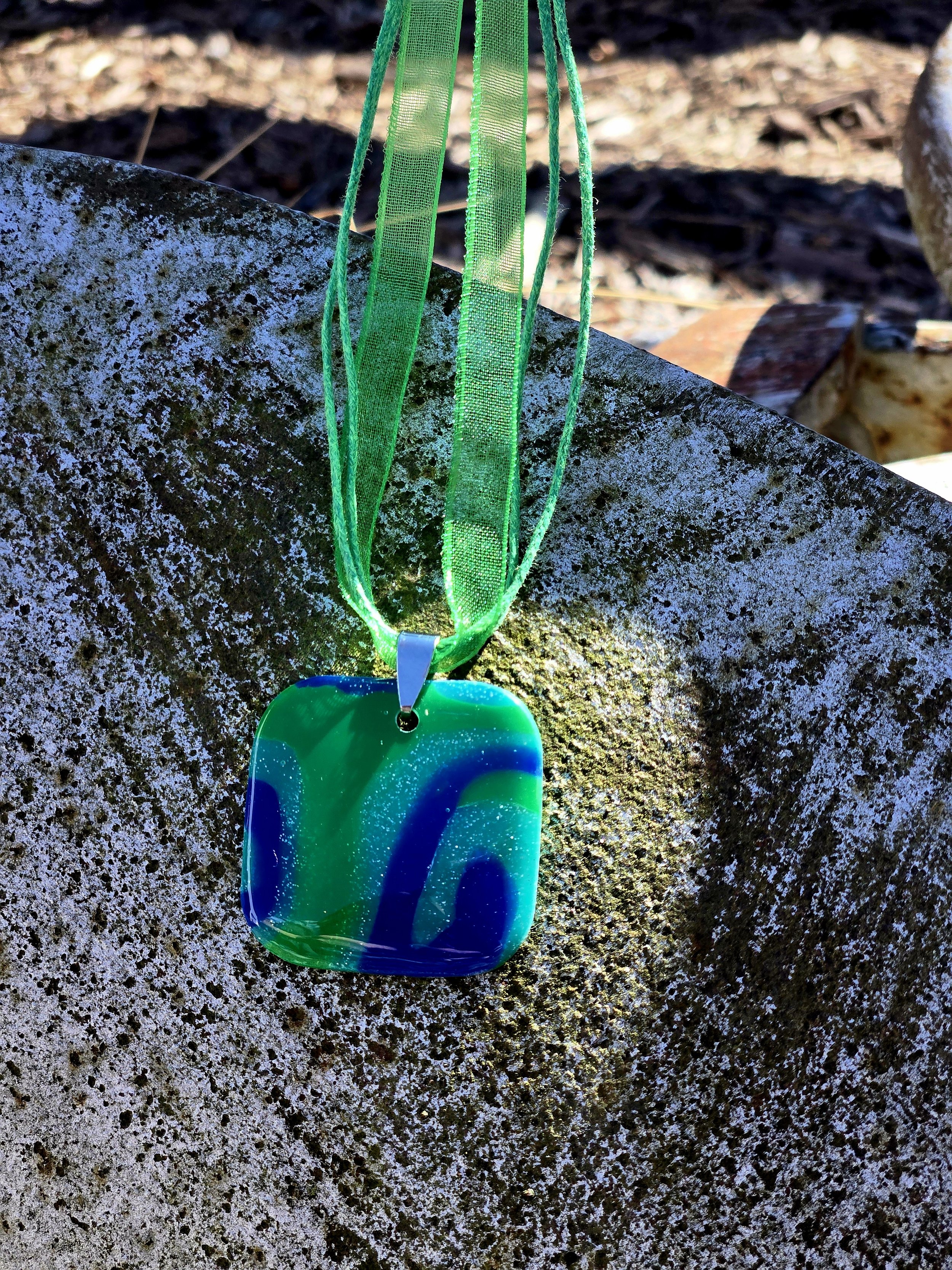Vibrant Blue, Green, and Turquoise Clay Pendant on Green Lace Adjustable Necklace ✨🌿