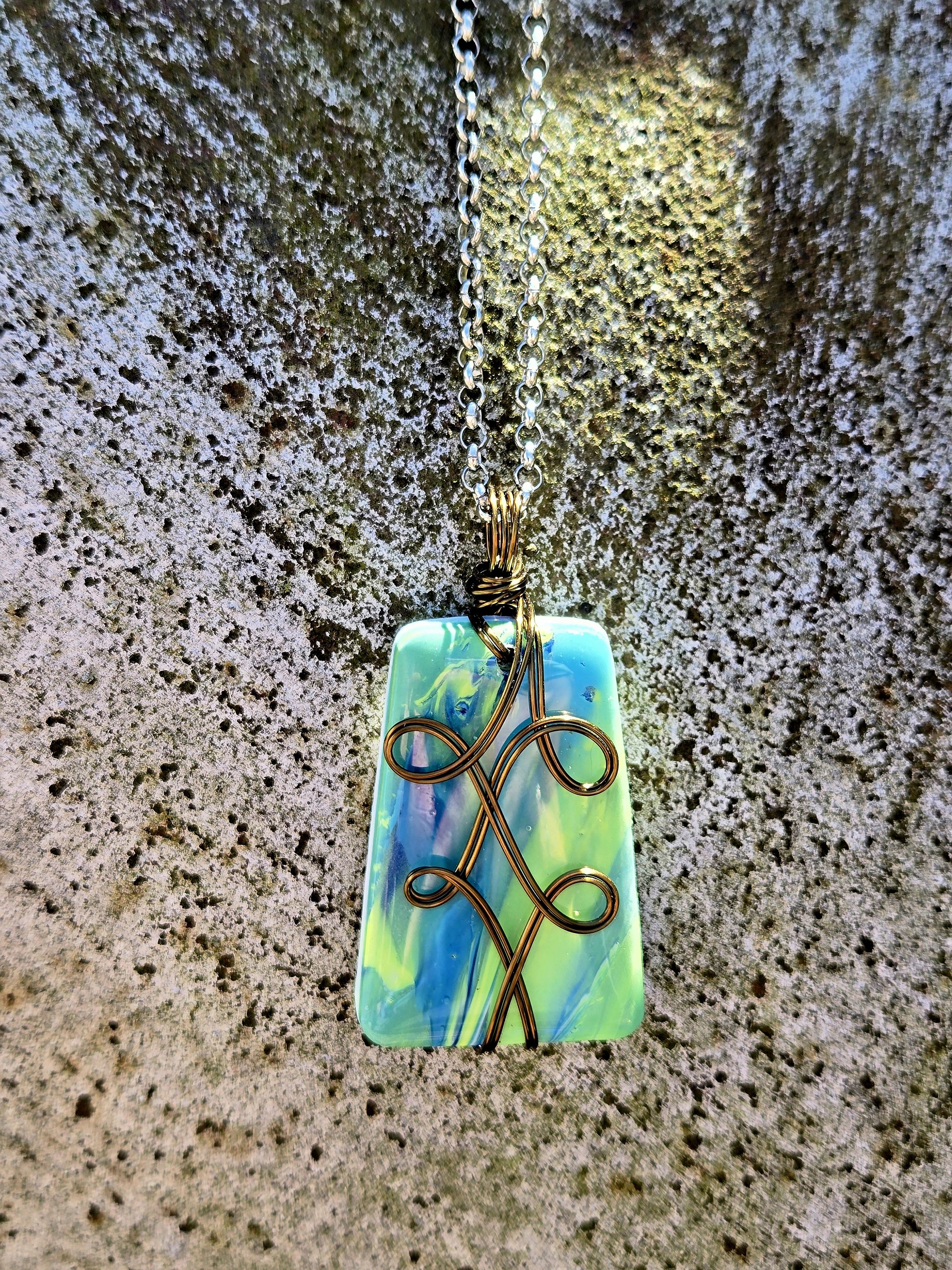 Antique Wire Wrapped Clay Pendant with Pastel Blue, Yellow, and Green & Stainless Steel Chain ✨🌸