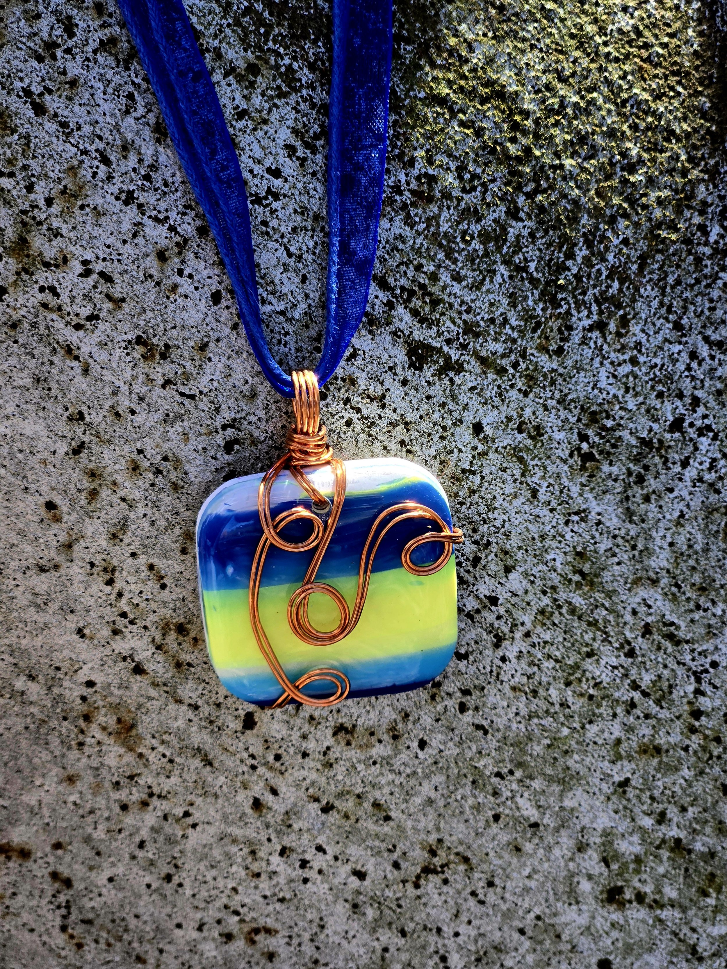 Handmade Lace Necklace with Blue and Yellow Clay Pendant Wrapped in Copper Wire ✨💎