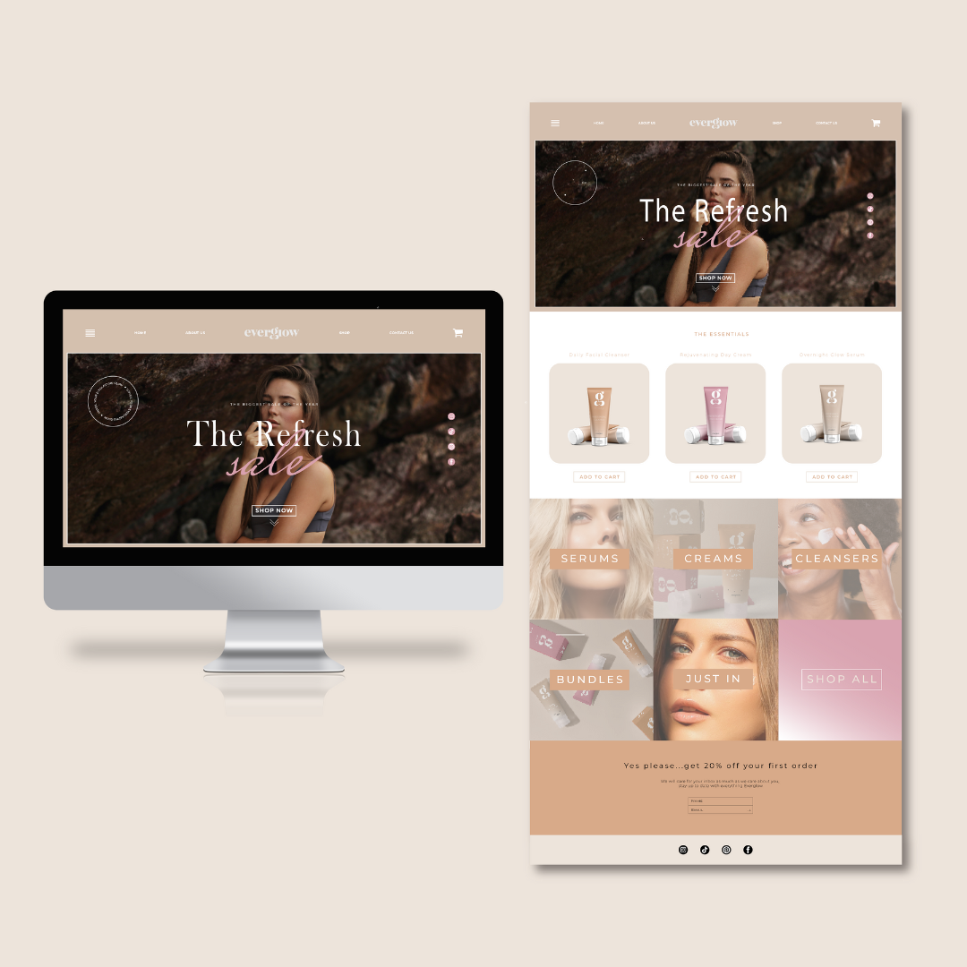 Cosmetic website design mockup on desktop and mobile view, featuring skincare products and promotional sale banner.