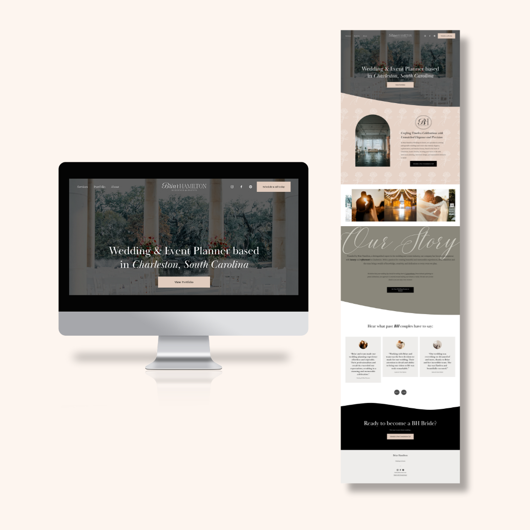 Website design mockup for a wedding and event planner based in Charleston, South Carolina, displayed on a desktop screen and a long page layout. The design includes elegant typography and images, promoting event planning services.