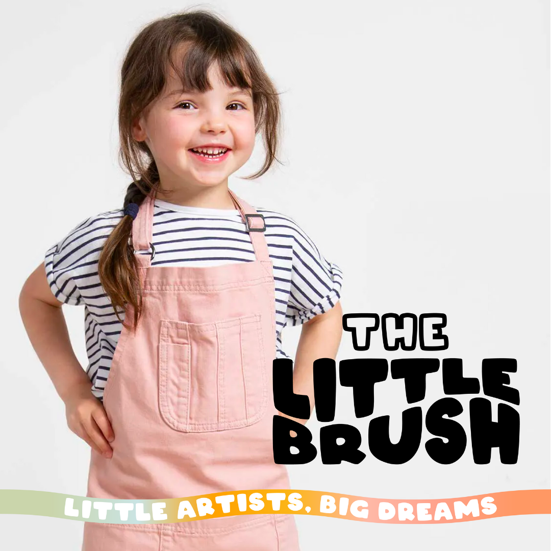 Smiling child in a striped shirt and pink apron with text 'The Little Brush' and 'Little Artists, Big Dreams'