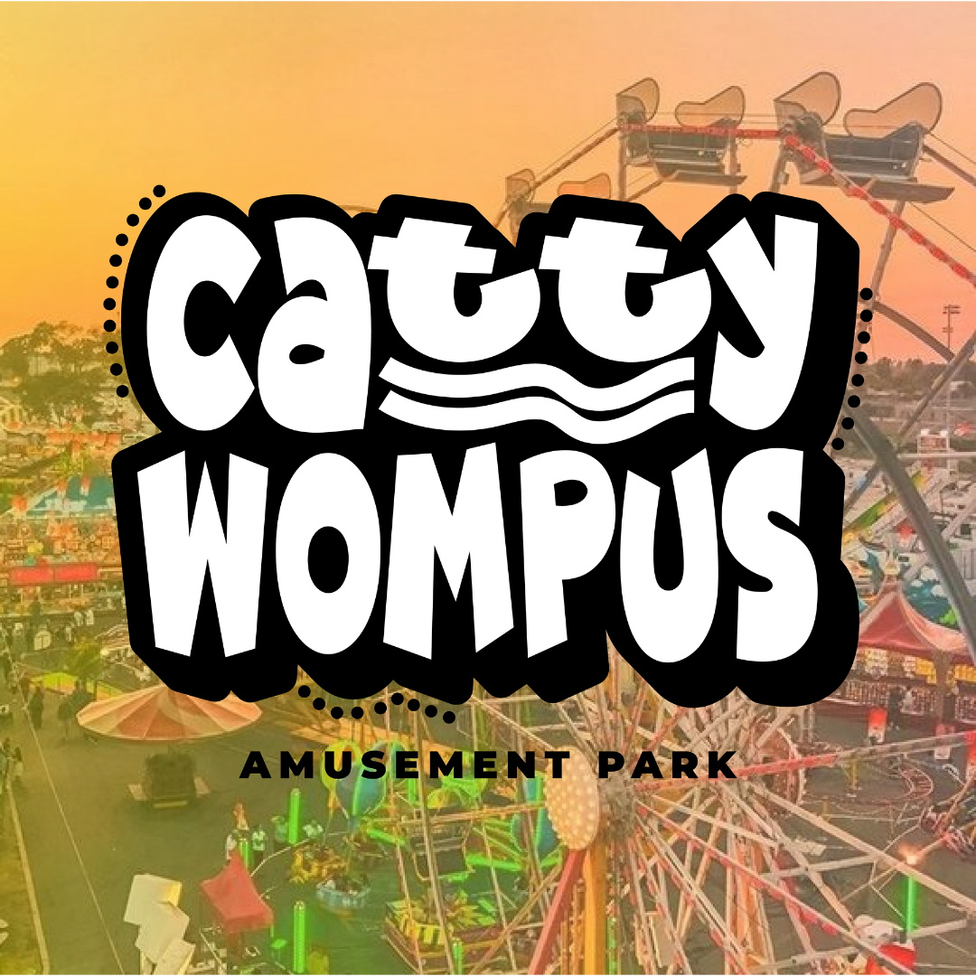 Bold text "Cattywompus Amusement Park" overlaid on an image of a Ferris wheel and carnival rides at sunset.