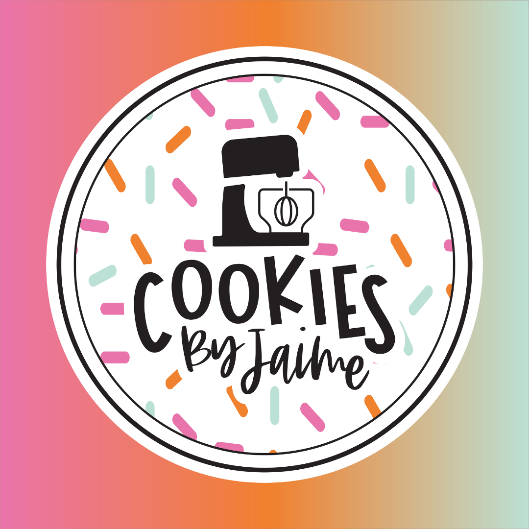 Logo for "Cookies by Jaime" featuring a silhouette of a mixer and colorful sprinkles on a circular background with a gradient border.