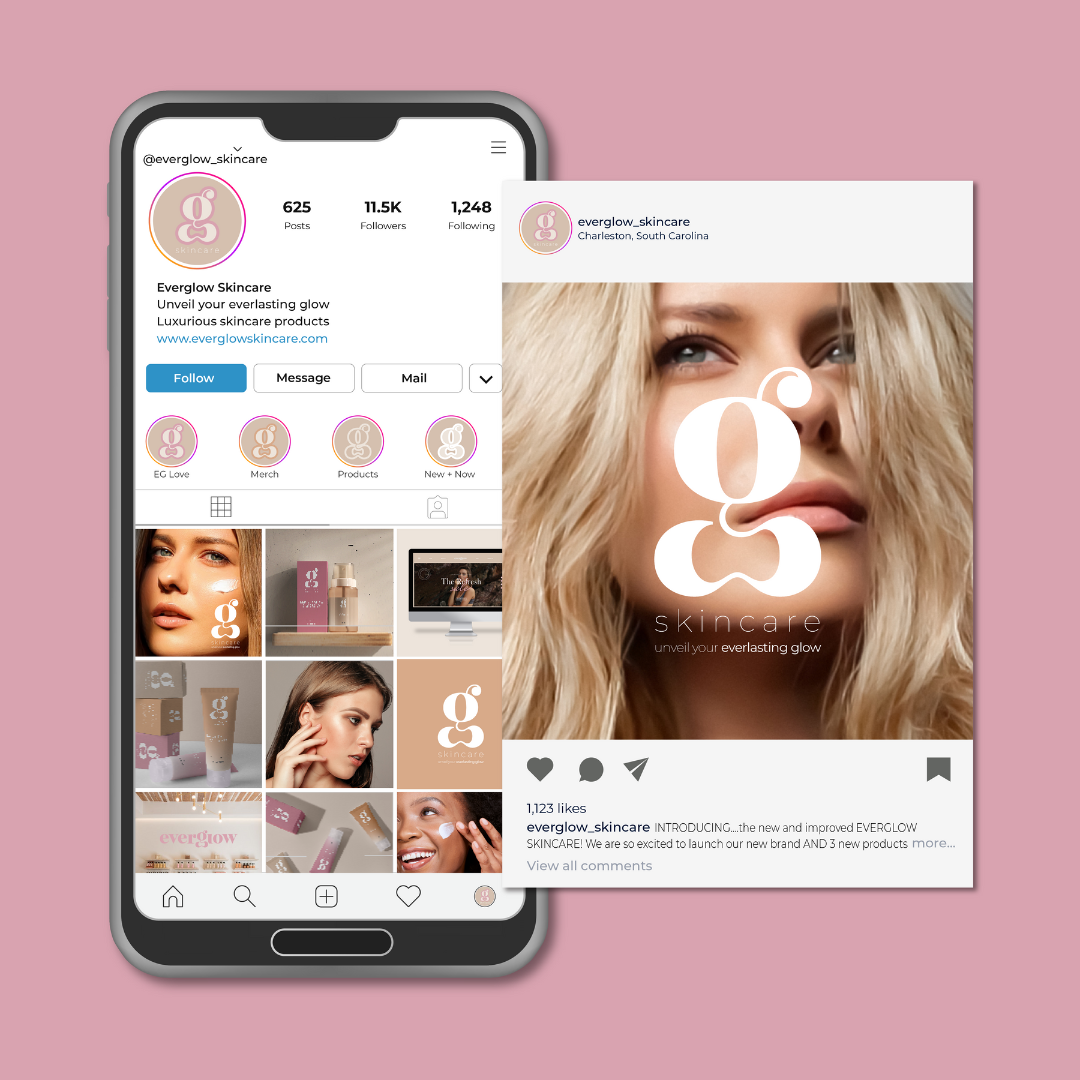 Mockup of Everglow Skincare Instagram profile on a smartphone screen showing posts, logo, and brand information against a pink background.