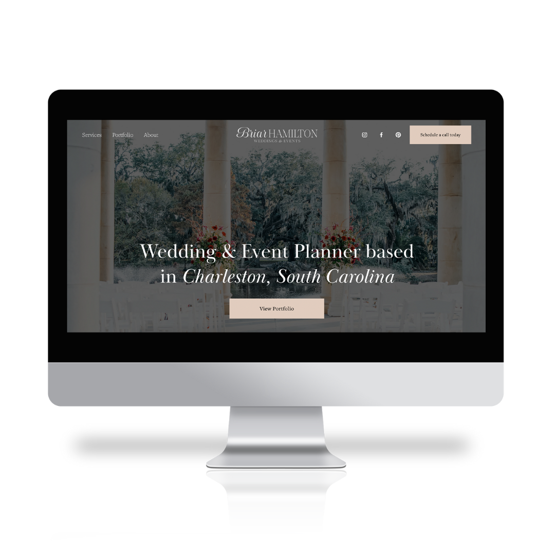 Computer screen displaying a wedding and event planner's website for Charleston, South Carolina with menu options for Services, Portfolio, and About, and a button labeled 'View Portfolio.'
