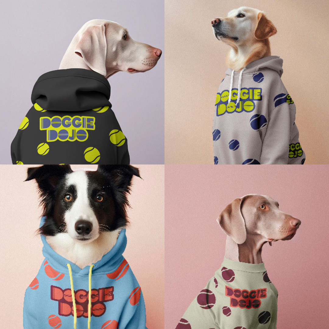 Four dogs wearing "Doggie Dojo" branded hoodies with tennis ball patterns in different colors.