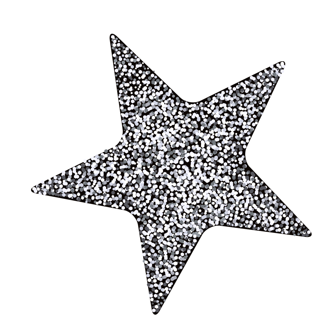 A glittering silver star on a black background