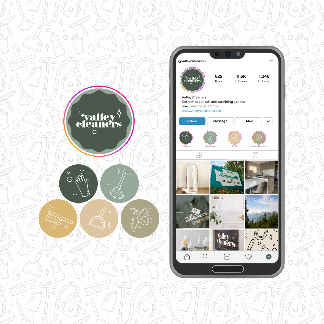 Graphic showing a mobile phone displaying a Valley Cleaners Instagram profile with logo and themed highlight icons. The background is a pattern of cleaning tools.