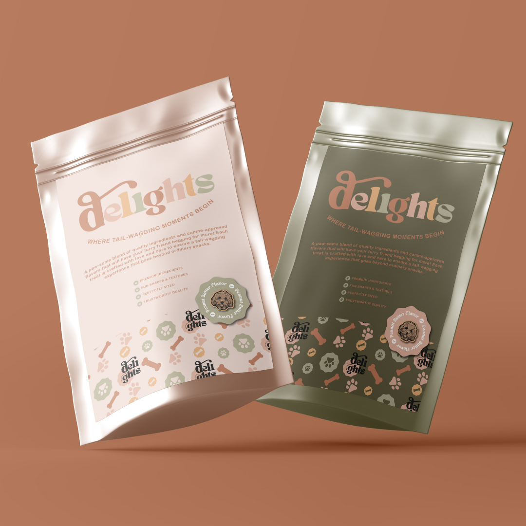 Two packages of Delights dog treats with playful designs and labels. One package is light-colored, and the other is darker. The packages emphasize quality ingredients and canine approval, featuring icons and text promoting flavor and texture.