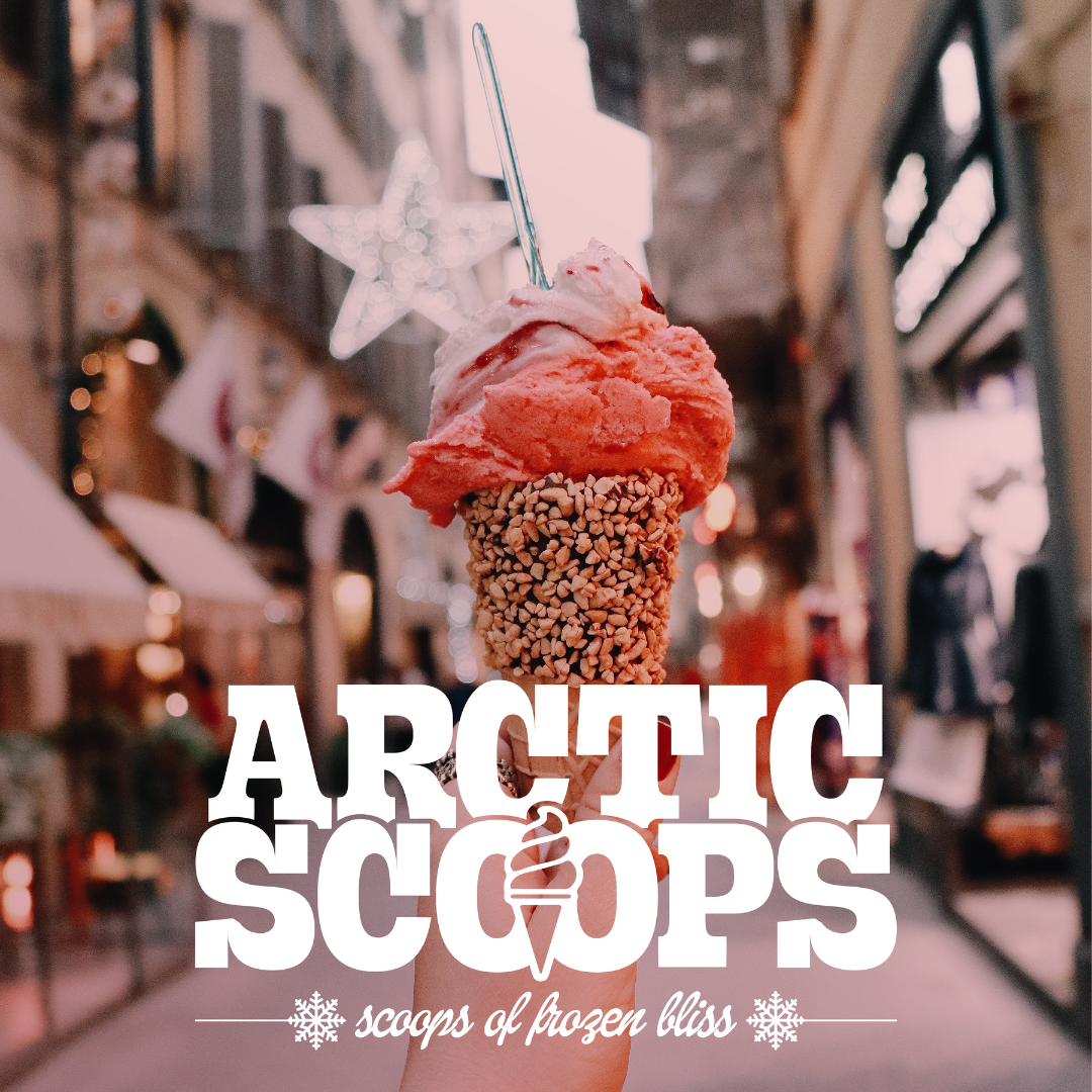 Ice cream cone with red scoop and nut-covered cone, with "Arctic Scoops: Scoops of Frozen Bliss" text.
