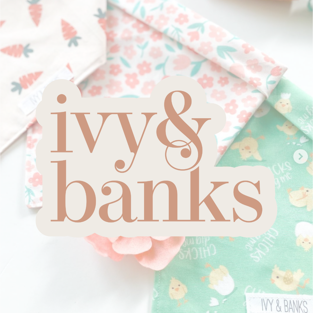 "Ivy & Banks" text overlaid on patterned baby blankets featuring carrots, flowers, and chicks.