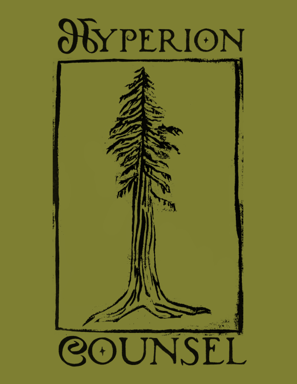 A green book cover titled 'Hyperion Counsel' with a black outline illustration of a tree