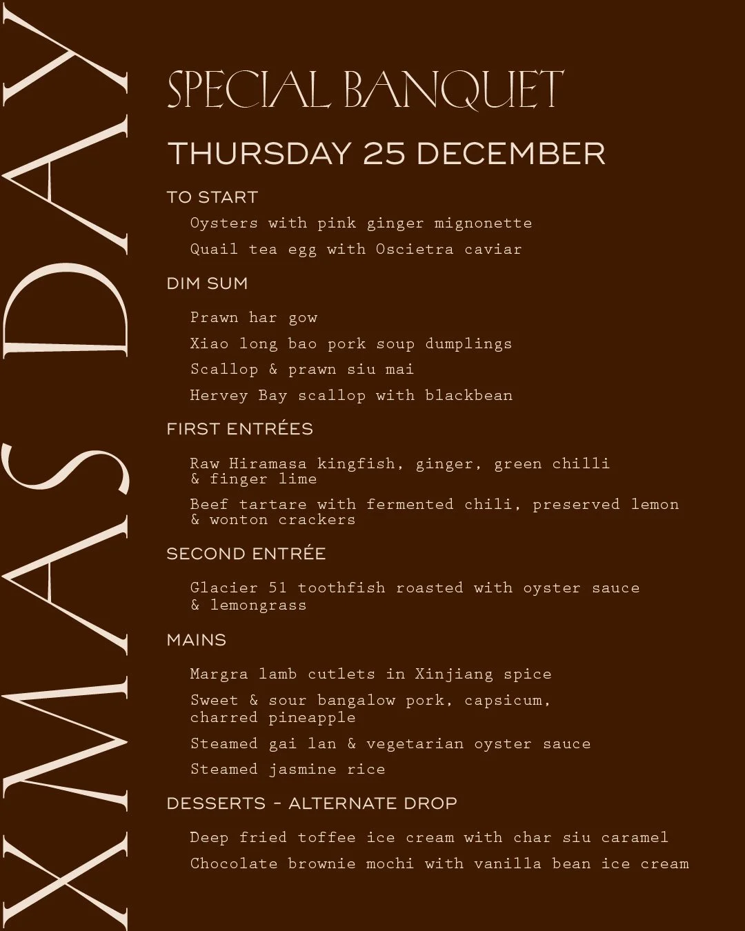 Menu for a special banquet dinner on December 25th with Chinese-inspired dishes, including oysters, quail tea egg, prawn dishes, fish, pork, and rice, along with desserts like toffee ice cream and mochi.