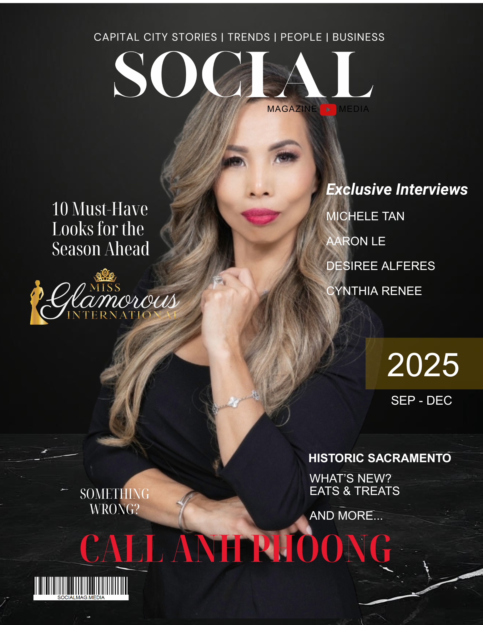 Cover of Social Magazine featuring a woman with long wavy hair and pink lipstick. Text includes headlines about city stories, trends, people, business, exclusive interviews, and upcoming seasonal fashion tips. The magazine is for September to December 2025 and mentions Sacramento, et cetera.