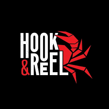 Logo with the text 'Hook & Reel' and a red crab graphic.