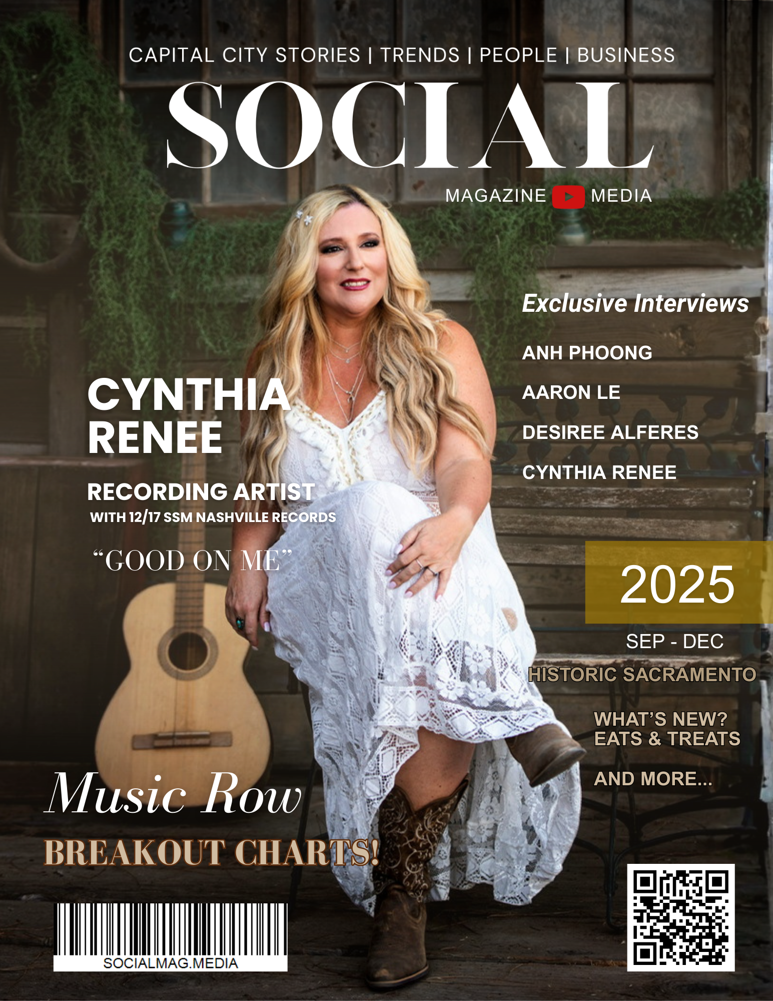 Cover of Social Magazine featuring Cynthia Renee, a recording artist, sitting in a rustic setting with a guitar and green plants in the background, wearing a white dress and cowboy boots, promoting music and local history for September to December 2025.