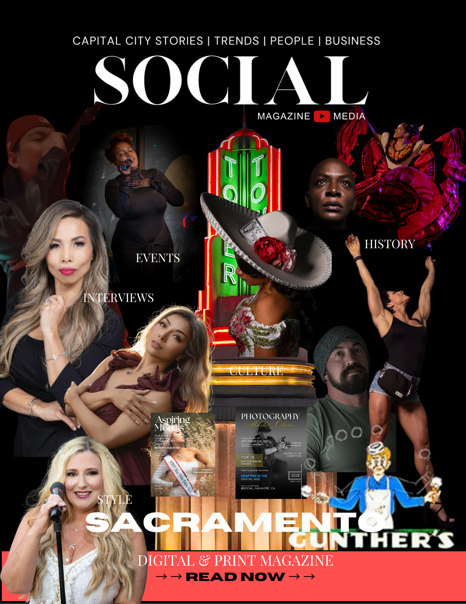 Cover of Sacramento Social Magazine featuring diverse people engaged in cultural, fashion, and entertainment activities, with headlines about events, history, interviews, and trends.