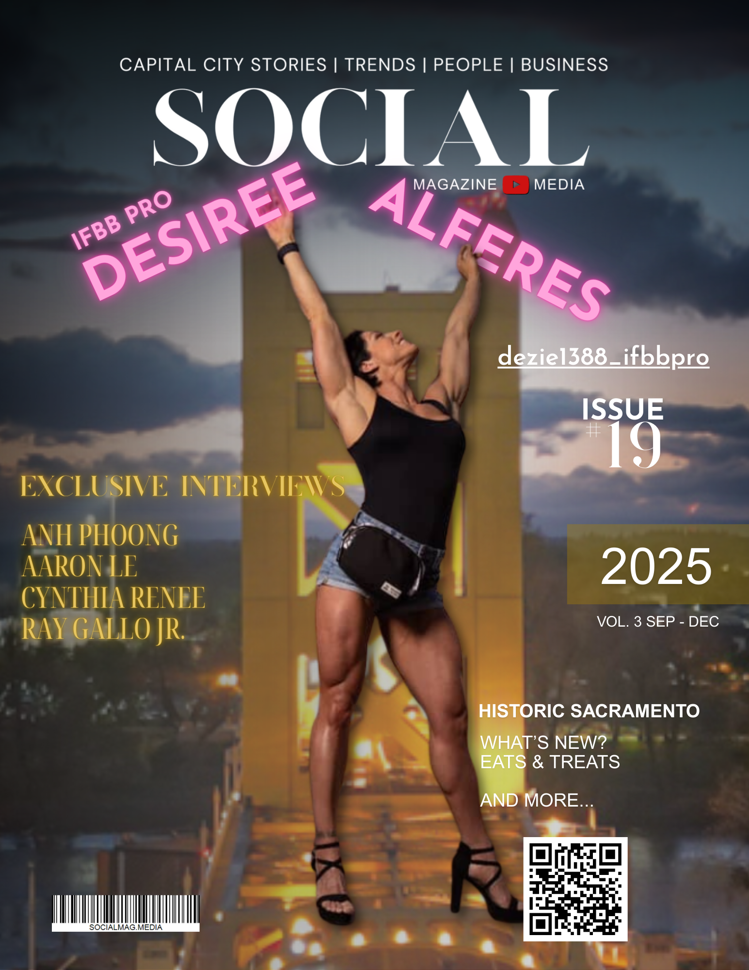 Cover of SOCIAL magazine issue 19, featuring a woman in a black tank top and denim shorts, raising her arms with a cityscape and cloudy sky in the background. The magazine includes topics like trending stories, celebrity interviews, and local Sacramento news.