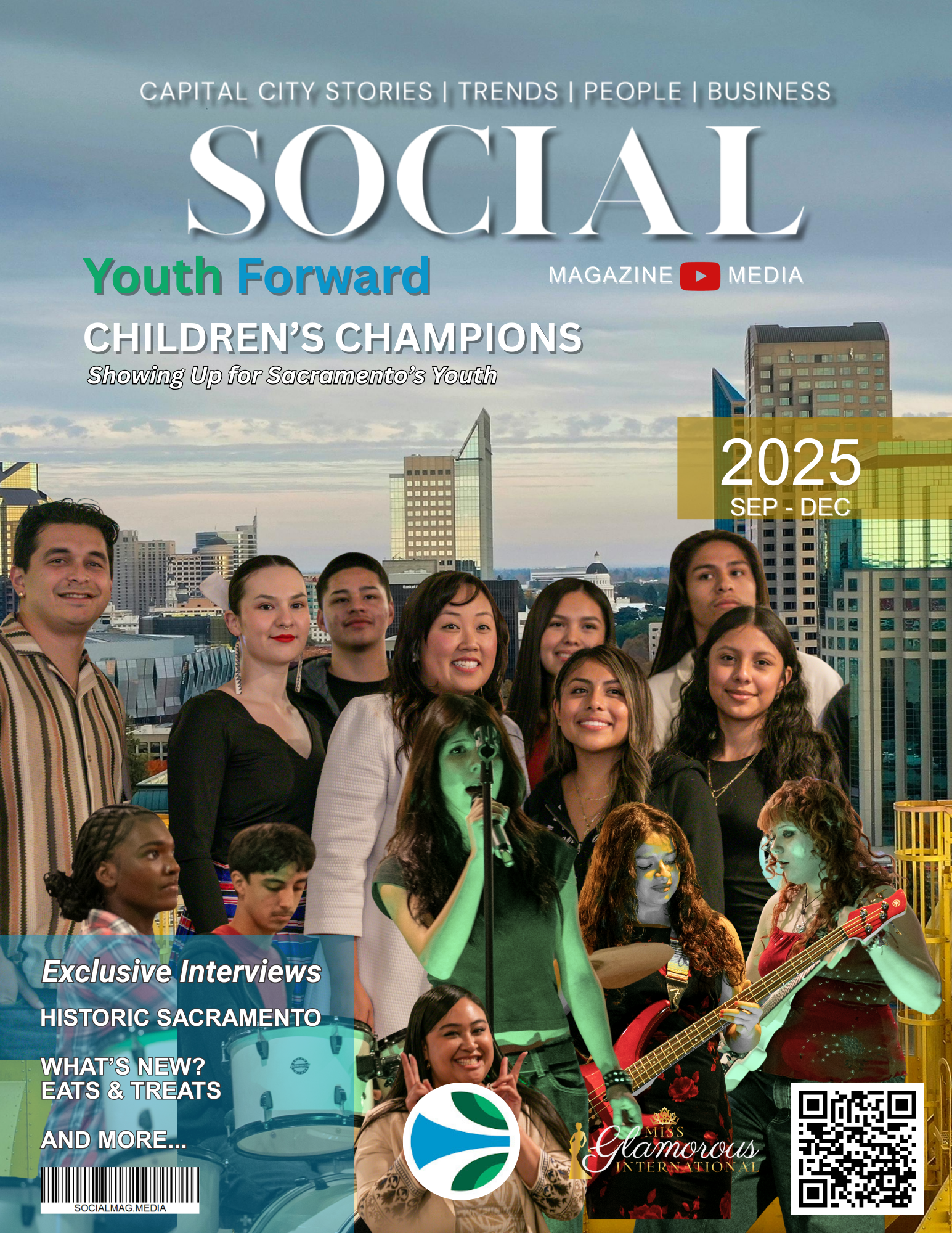 Magazine cover titled 'Social' featuring a group of diverse children and teenagers, some holding musical instruments, against a city skyline with tall buildings. The cover includes text about stories, trends, people, business, youth features, and a focus on Sacramento's youth, with the date September to December 2025.