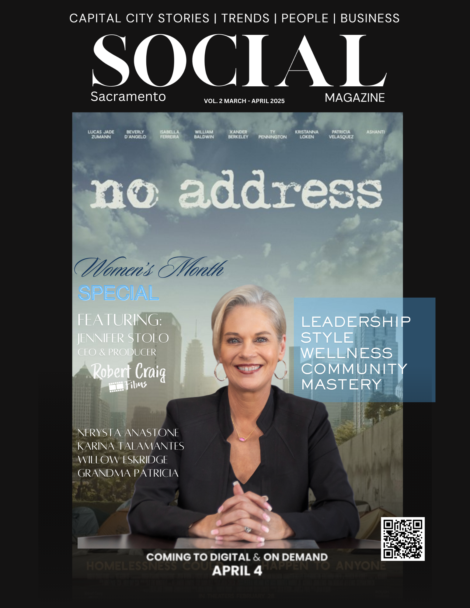 A digital magazine cover titled "SOCIAL Sacramento" with the subtitle "Vol. 2 March - April 2025". The cover features a smiling woman with short gray hair, dressed in a black blazer, sitting at a desk with her hands clasped. In the background, there 