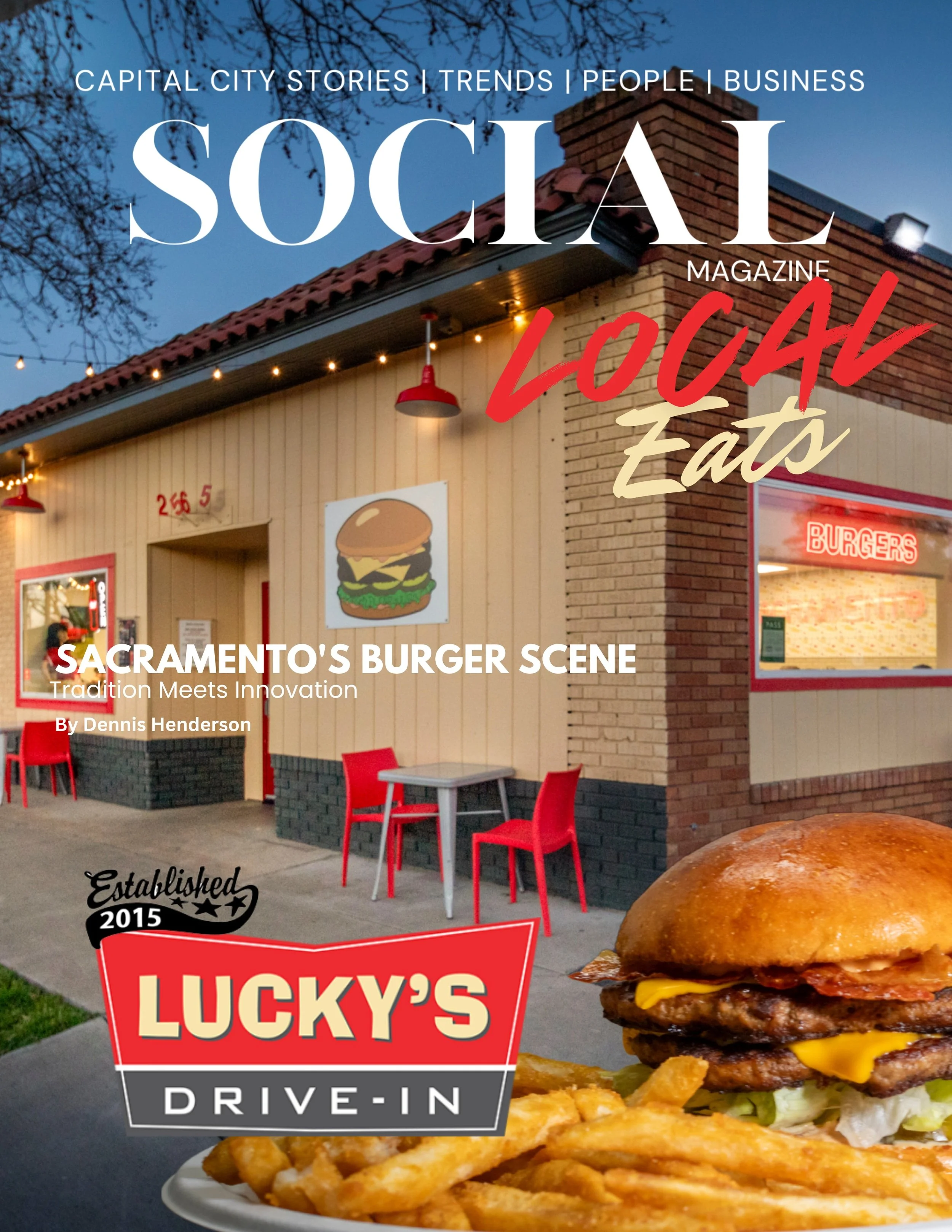 The image shows the front exterior of Lucky's Burger Drive-In, a restaurant with a partially visible sign, red chairs outside, and a burger with fries in the foreground. The photo also includes a magazine cover overlay with the title "SOCIAL" and sub