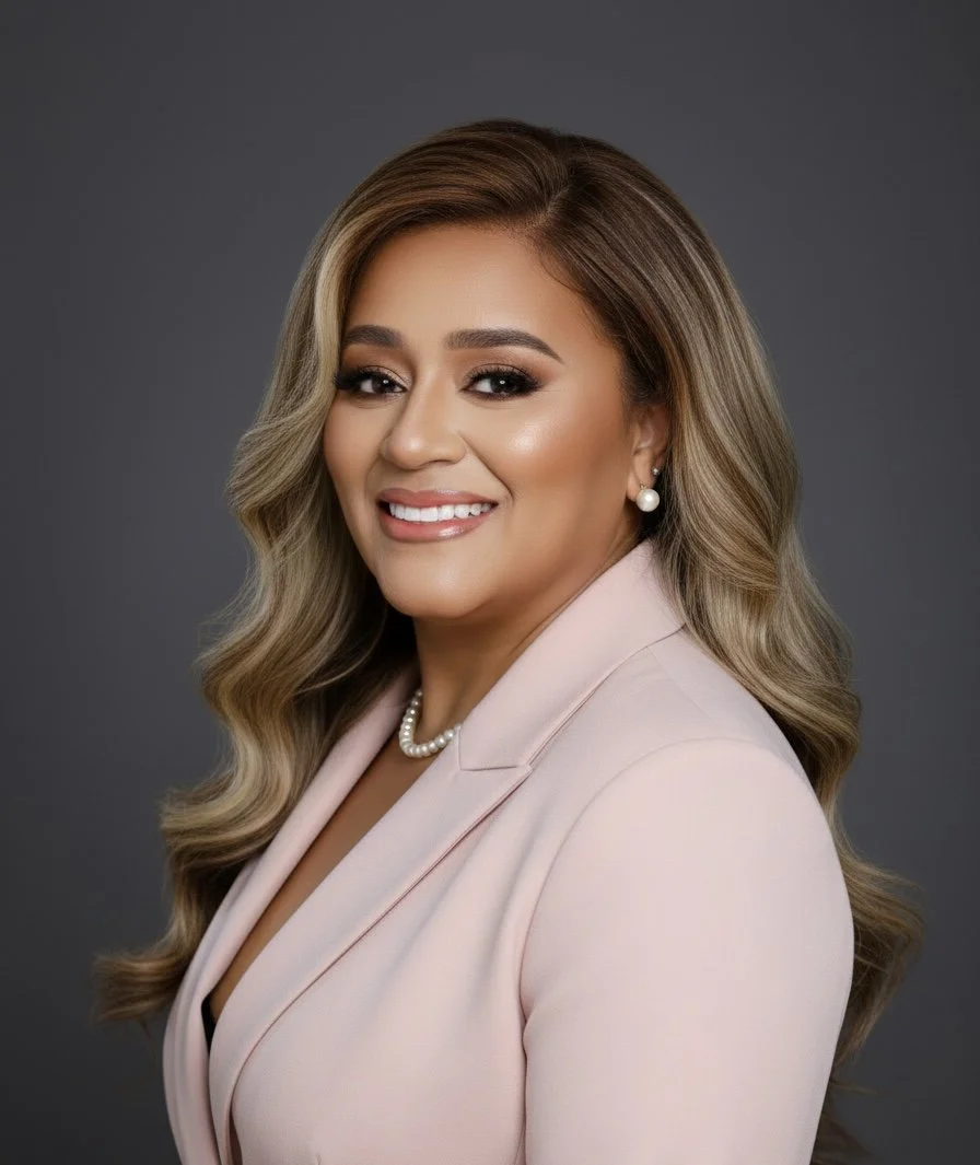 A professional woman with long, wavy blonde hair smiling and wearing a light pink blazer, pearl earrings, and a pearl necklace against a dark gray background.