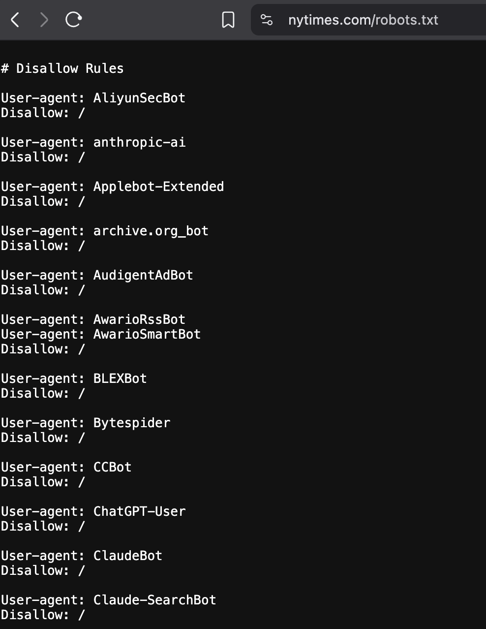 Screenshot of NYtimes.com's robots.txt file that blocks all AI bots.