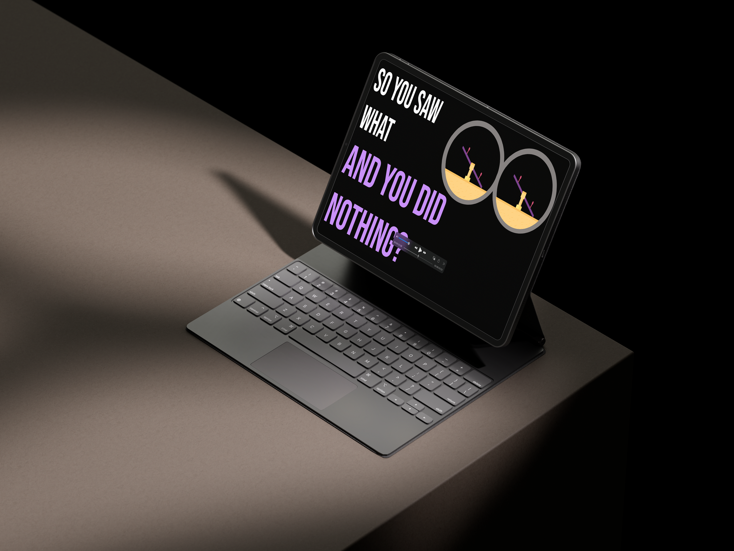 Tablet on a keyboard stand displaying a message: "So you saw what and you did nothing?" with cartoon glasses illustration.