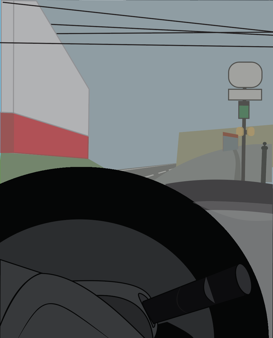 View from inside a vehicle looking towards the road, with a large black steering wheel in the foreground, power lines overhead, and a street sign on the right side of the road.