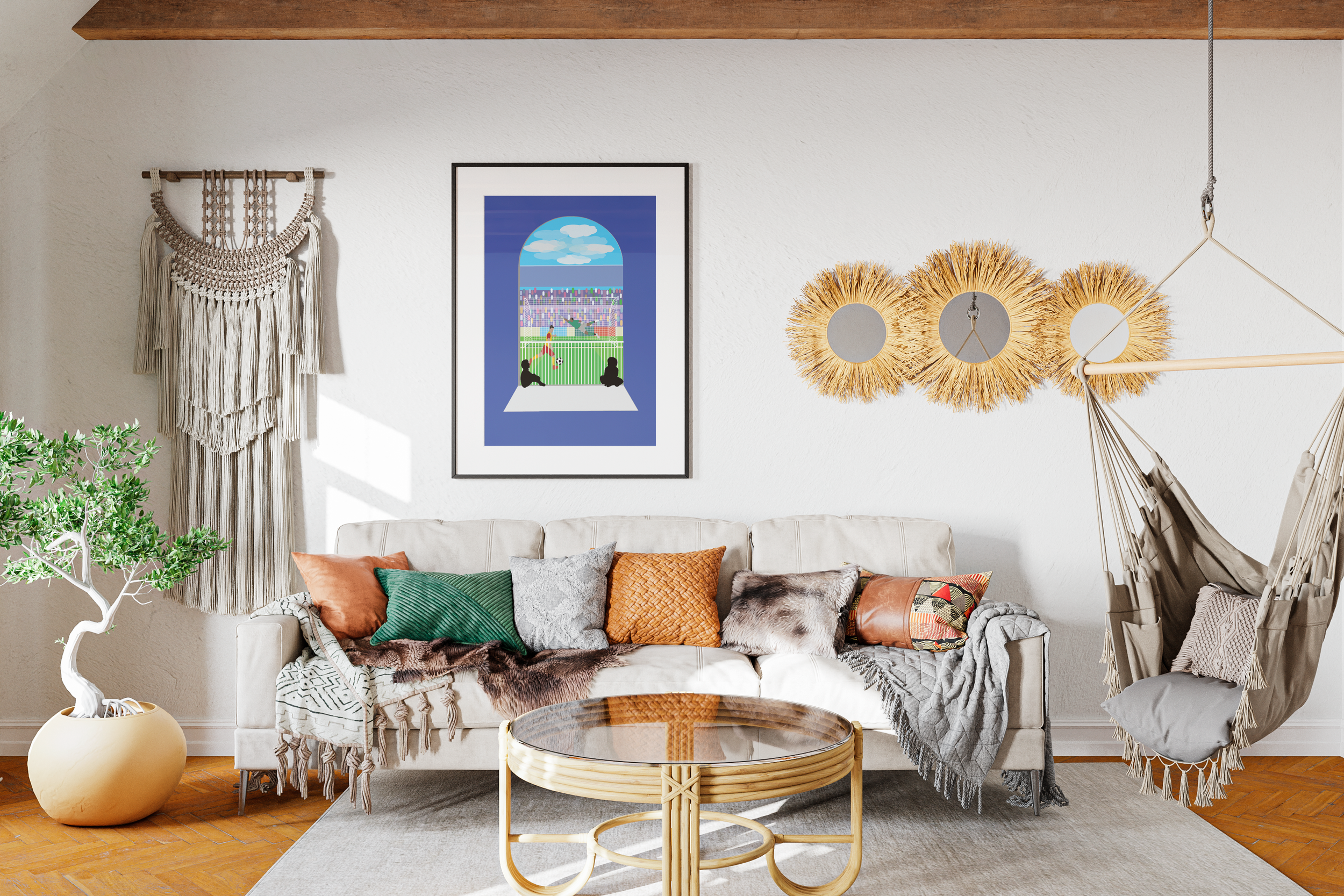 A cozy living room with a white sofa adorned with colorful pillows, a round glass-top coffee table, a hammock chair, a potted plant, and wall decorations including a framed picture of a cityscape seen through a window, and three circular mirrors with