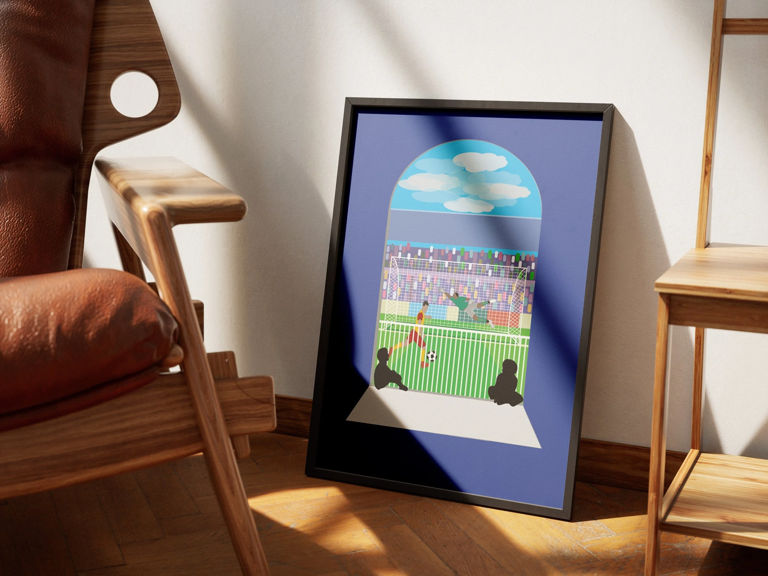 Framed digital illustration of a soccer scene, with a player kicking the ball towards the goal as a goalkeeper dives to block it, set against an outdoor stadium with a cloudy sky.