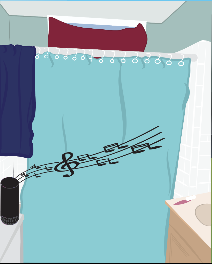 A bedroom with a blue bed, red pillow, dark blue blanket, a nightstand with a black speaker, and musical notes flowing across the bed.