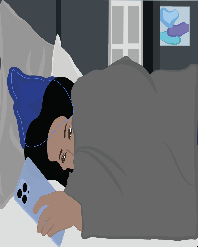 Person lying in bed, holding a smartphone and resting on a pillow, with a dark-colored wall and abstract art on the wall in the background.