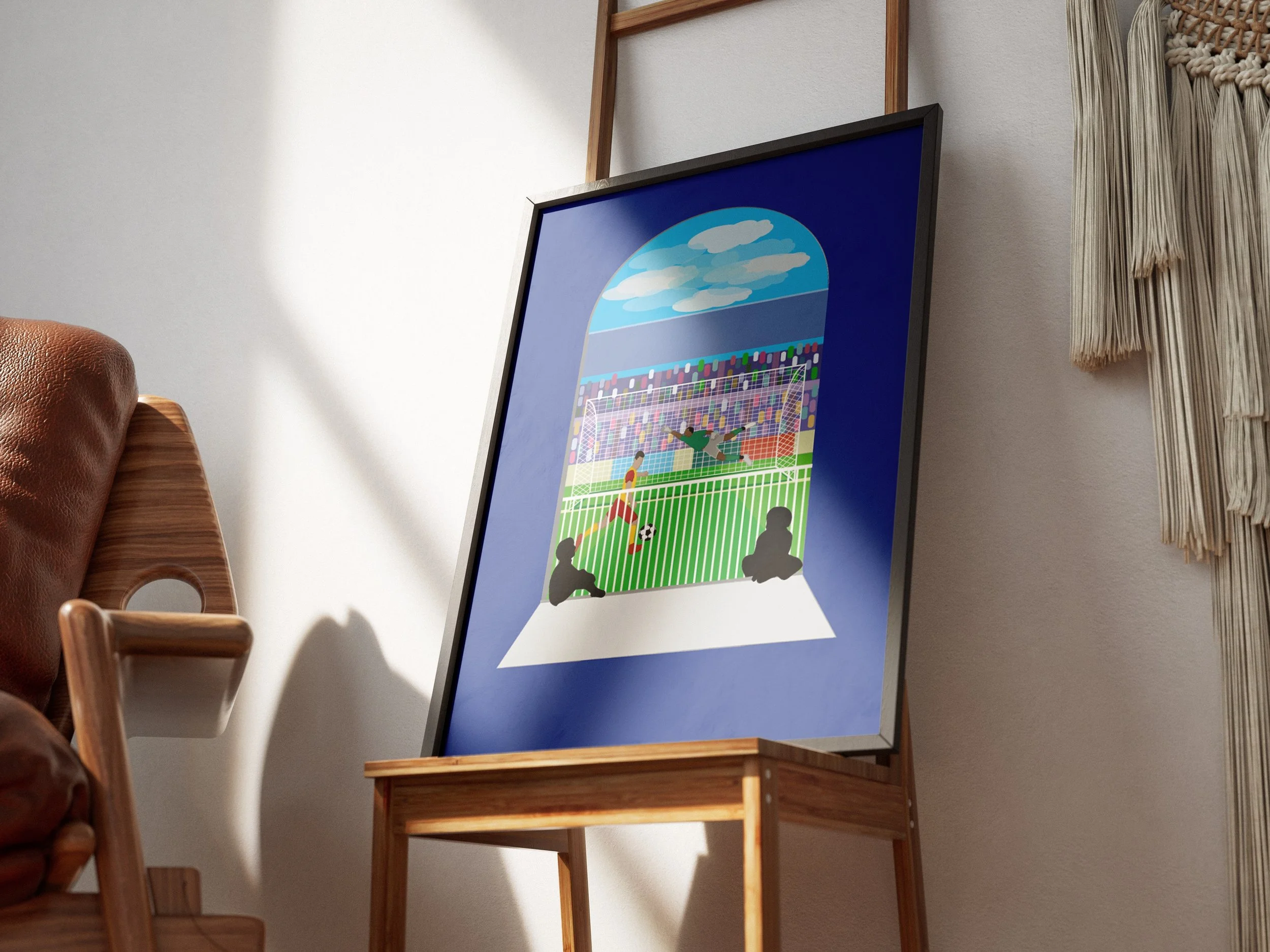 Illustration of a soccer game viewed from a box at a stadium, with a child kicking a ball and goalkeepers in action, set outdoors with clouds in the sky.