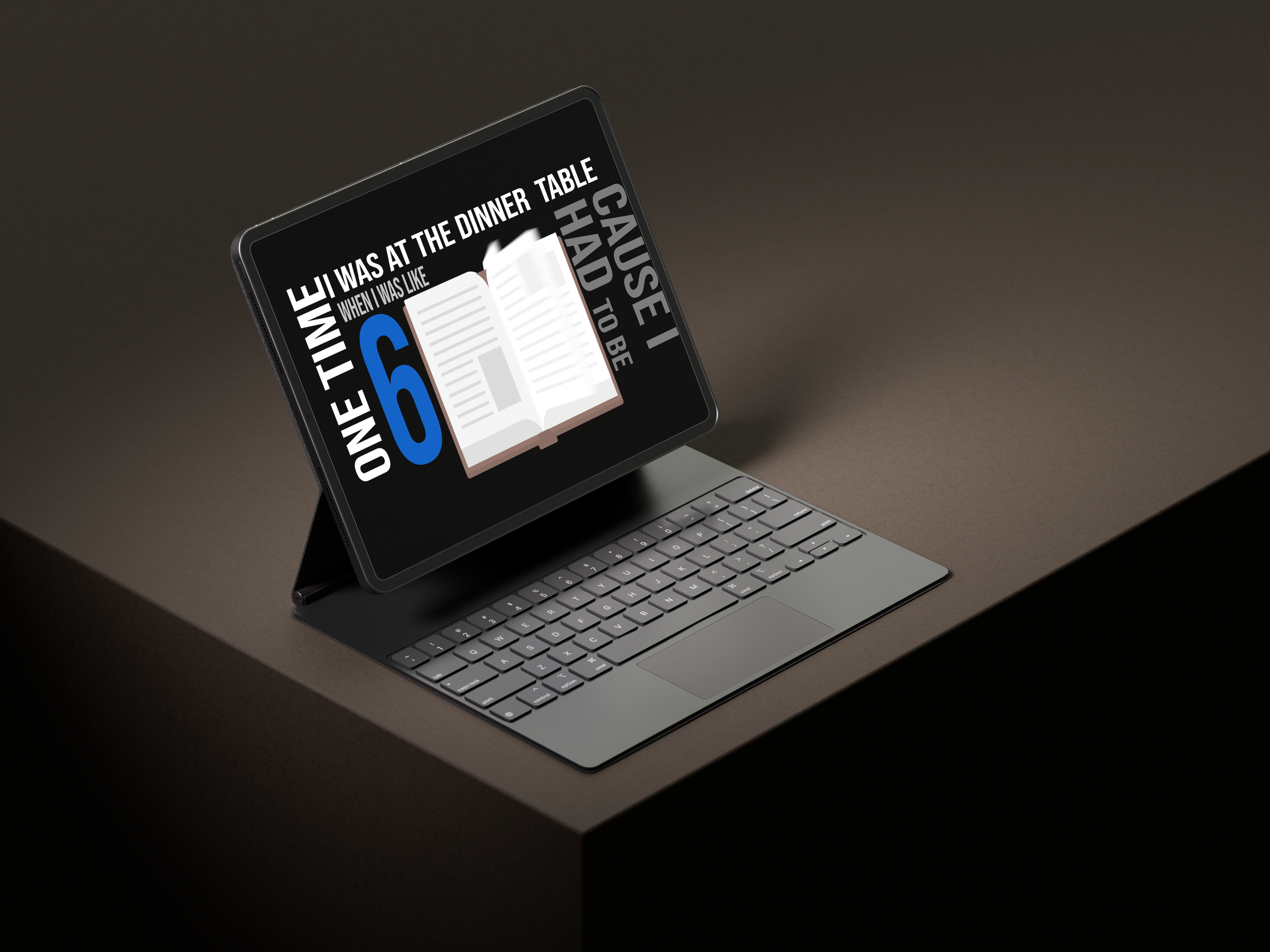 Tablets displaying text about a story involving a dinner table and curiosity, with an open book graphic and the number six highlighted.