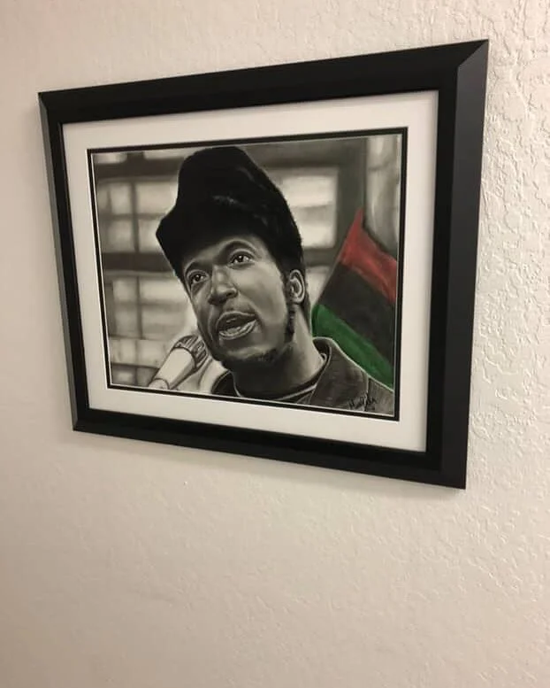 An 18 in. x 24 in. rendering of Fred Hampton, chairman of the Black Panther Party for Self Defense, Chicago chapter, by Maarifa. Photo: courtesy of Ujima Adult and Family Services Inc, San Jose, California. Sociohistorical and Cultural Awareness thro