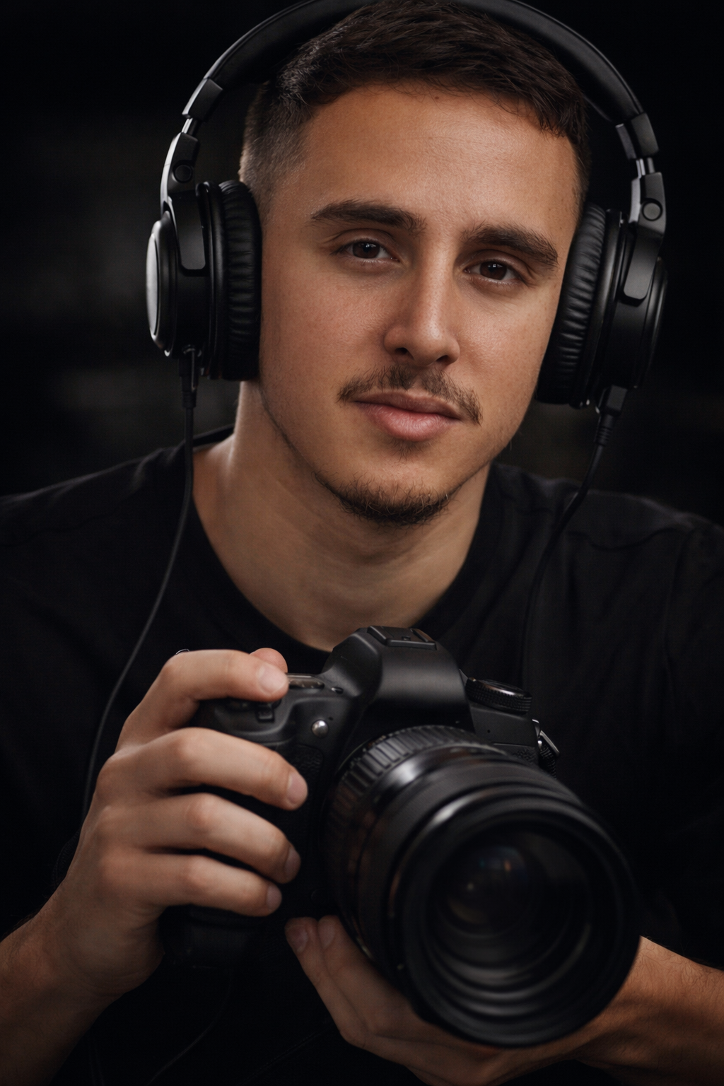 A young man with short brown hair and a mustache wears headphones and holds a professional camera, looking at the viewer.