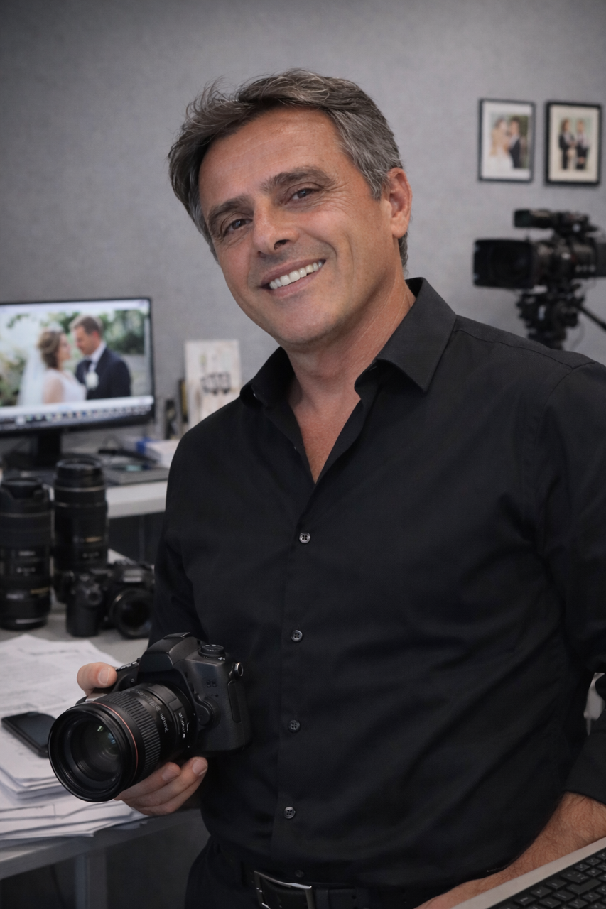 A man with gray hair smiling while holding a professional camera in a photography studio.