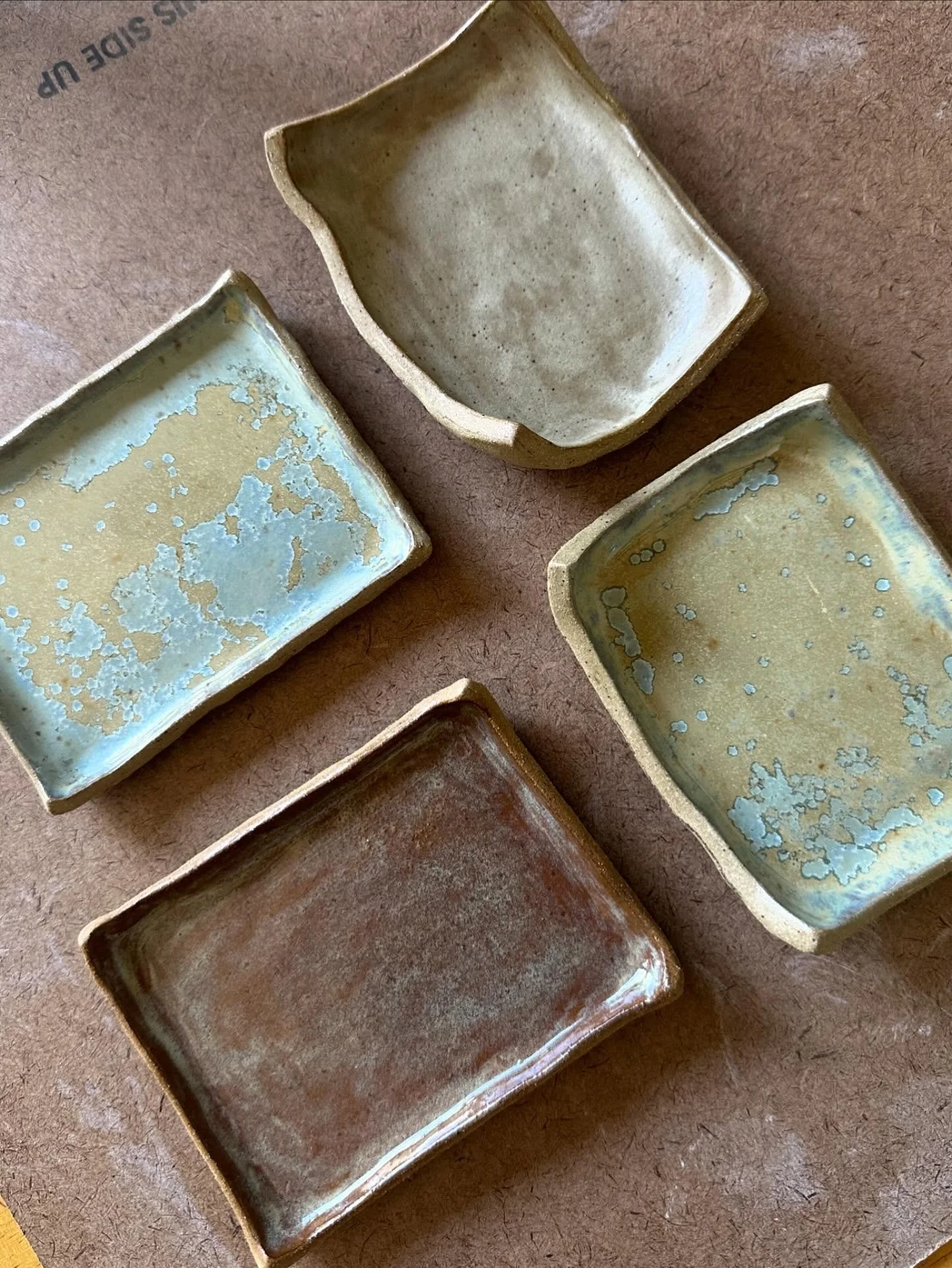 Browns and blues  on recycled hand built clay catch-alls (say that 3x fast)