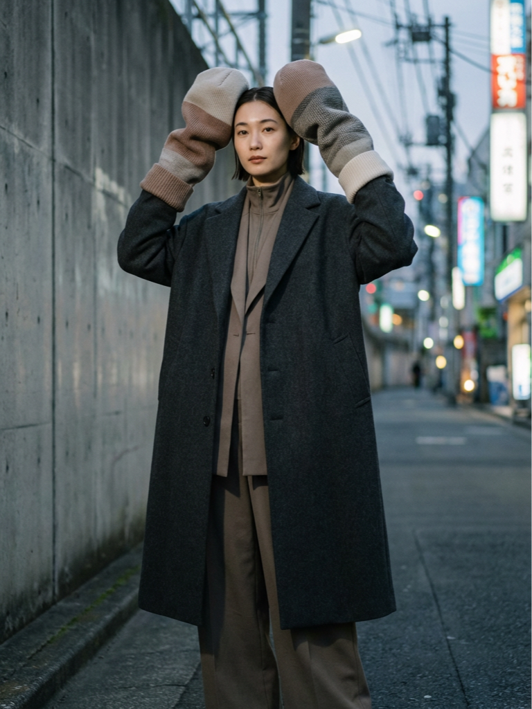 Woman standing on city sidewalk at dusk, wearing a long dark coat, beige suit, and oversized mittens, with power lines and illuminated signs in the background.