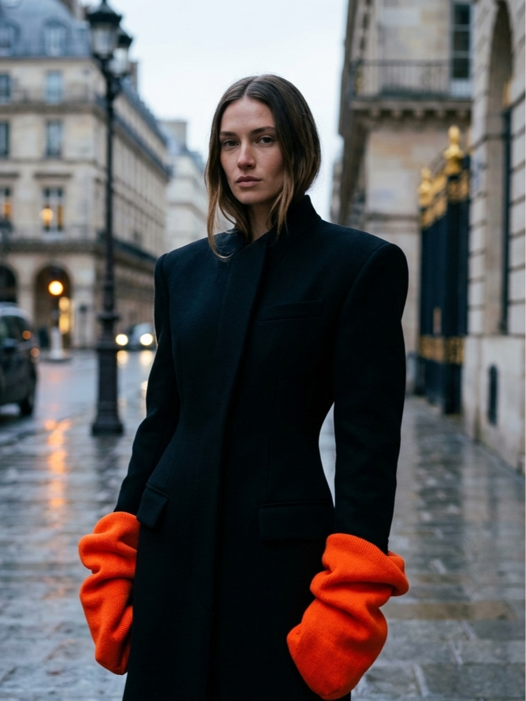 Woman with shoulder-length brown hair wearing a black coat and bright orange mittens standing on a wet city street with historic buildings in the background.