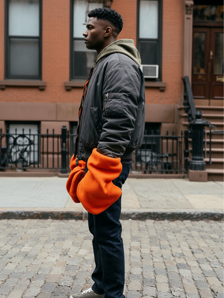 Young man standing on a cobblestone sidewalk in front of brownstone buildings, wearing a dark gray bomber jacket, orange hoodie, and black pants, with hands in pockets, in an urban neighborhood.